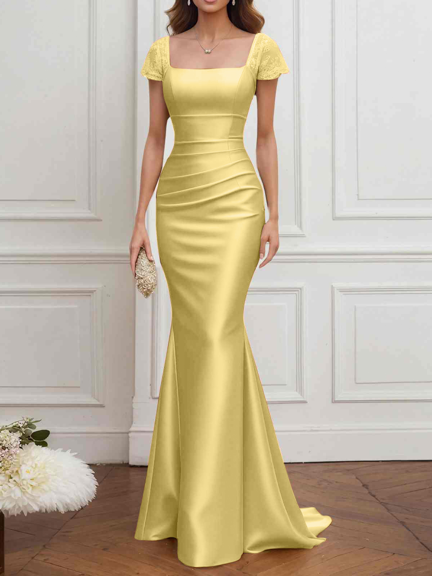 Formal ​Wedding Guest Dress Gold Square Neck Satin Maxi Dress