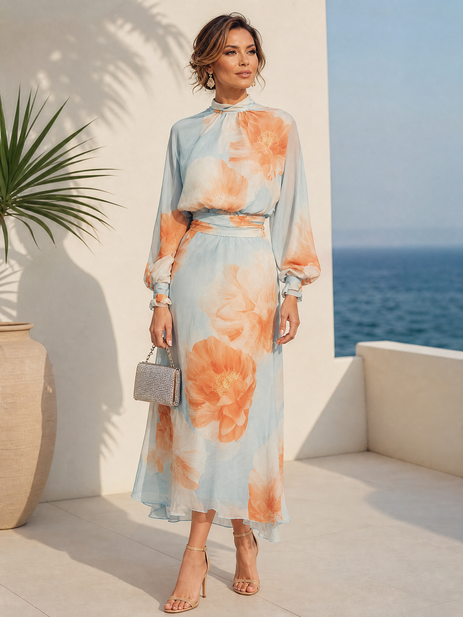 Light Blue Floral Mock Neck Long Sleeve Balloon Sleeve Romantic Top With Skirt Two-Piece Set