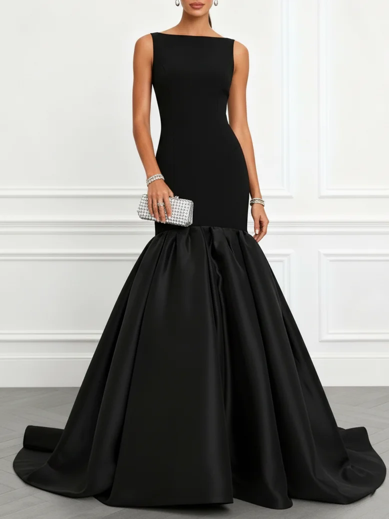Black Split Joint Classic Boat Neck Sleeveless A-Line Gown Dress