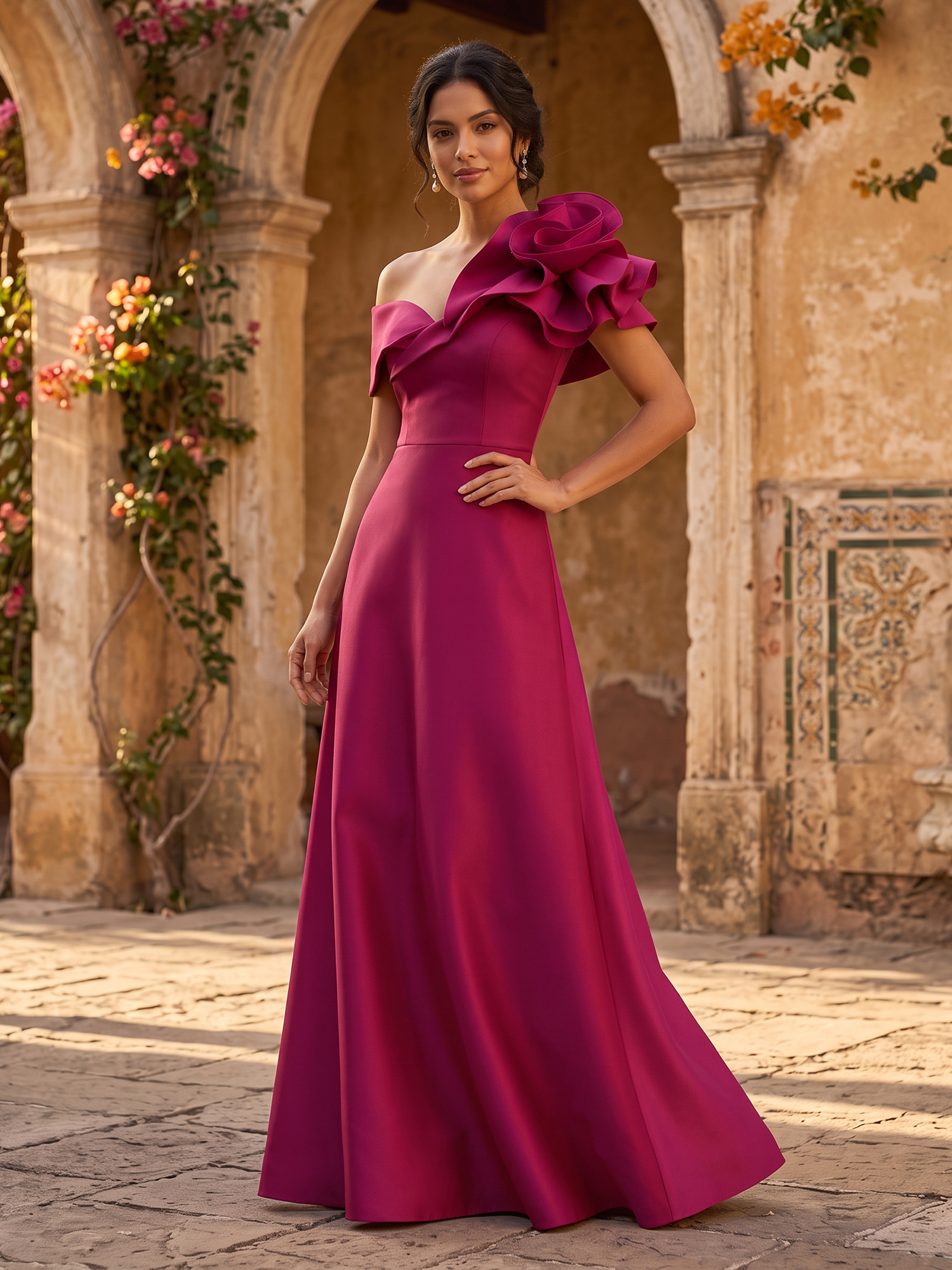 Fuchsia One‑Shoulder Ruched Bodice Ruffled High‑Slit Mermaid Evening Gown
