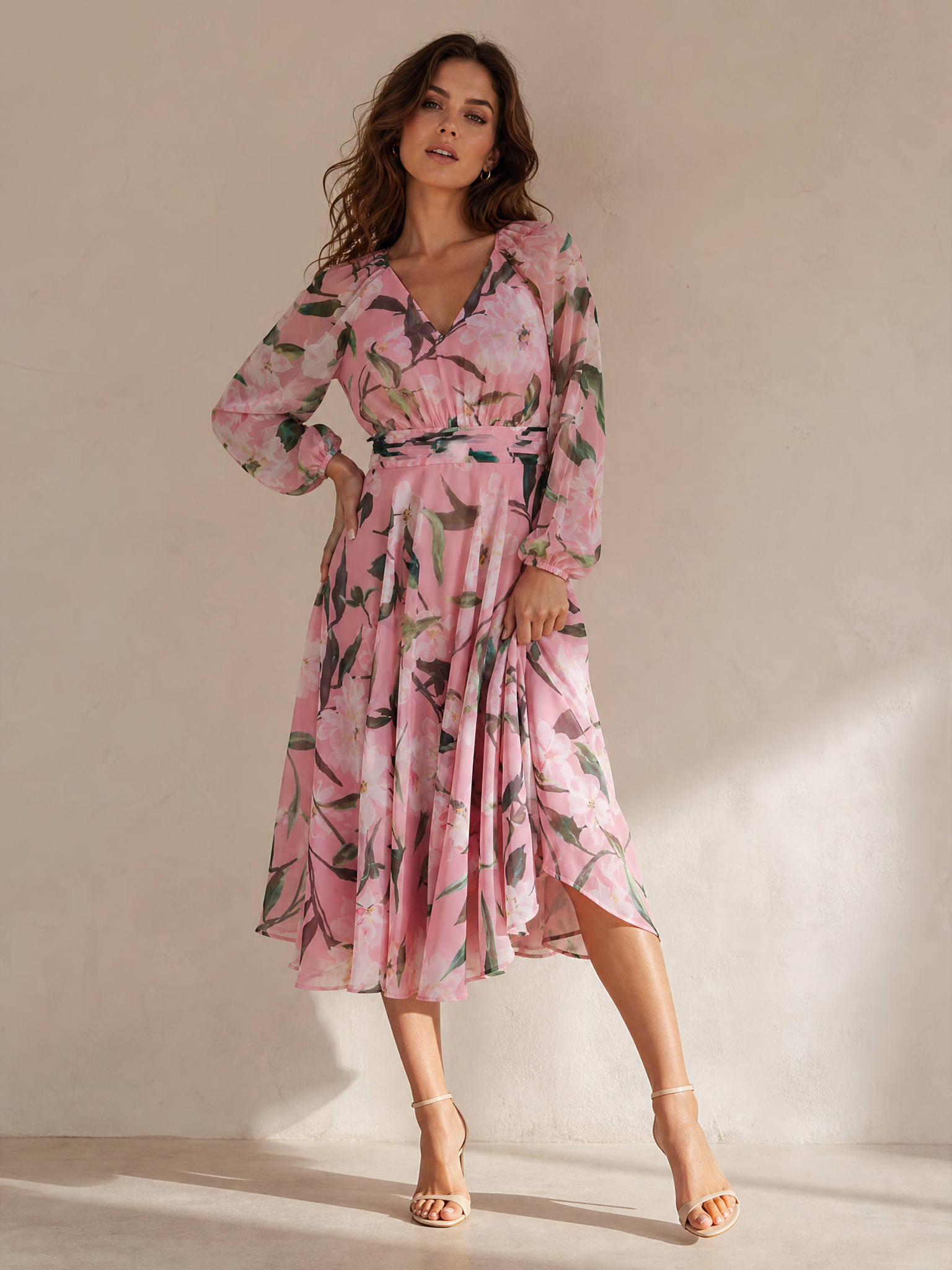 V-Neck Long Sleeve Floral Print High-Low Chiffon A-Line Midi Dress