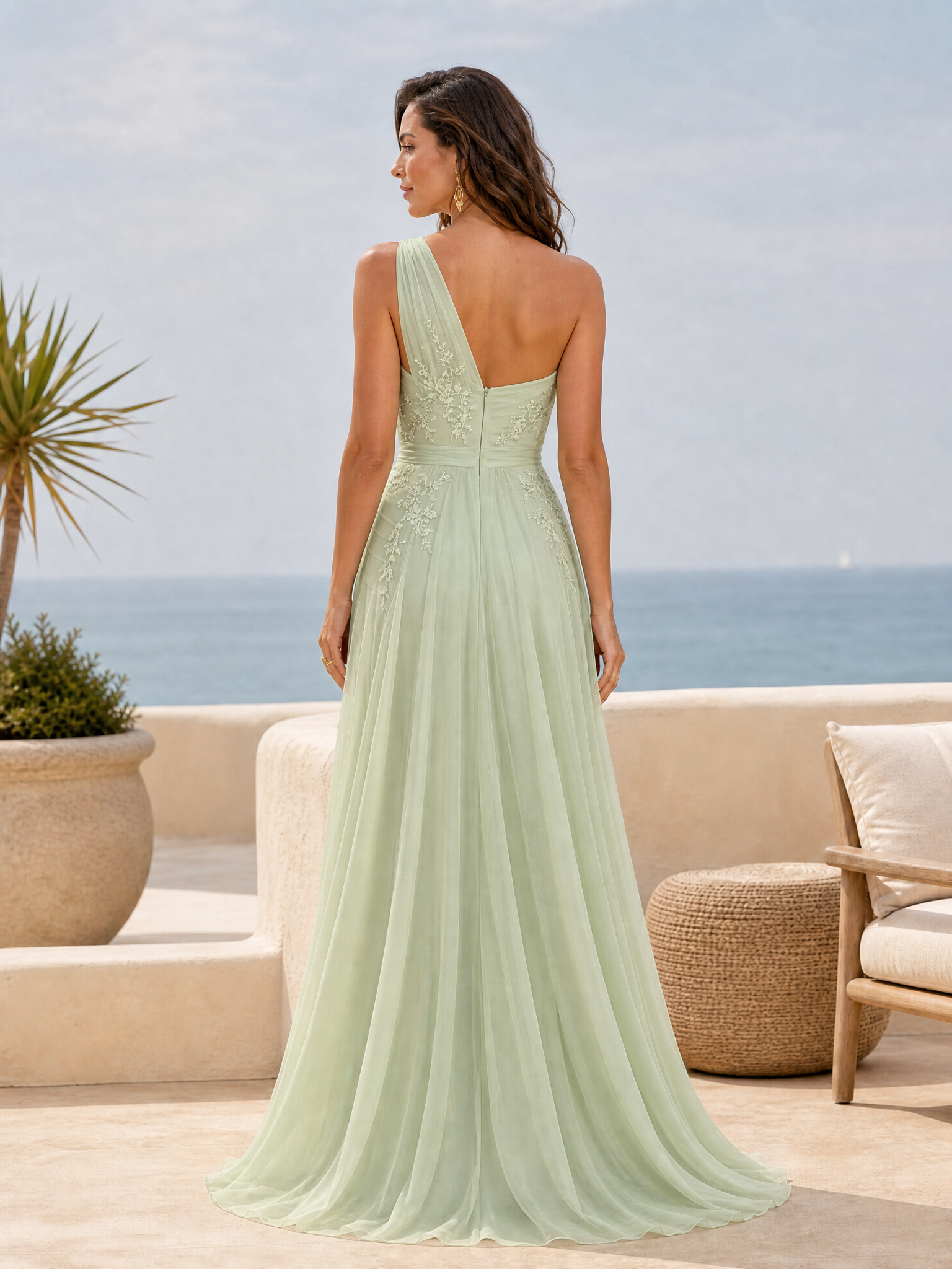 Mint Green Applique 3D Floral Chiffon One Shoulder Sleeveless A-Line Floor Length Dress