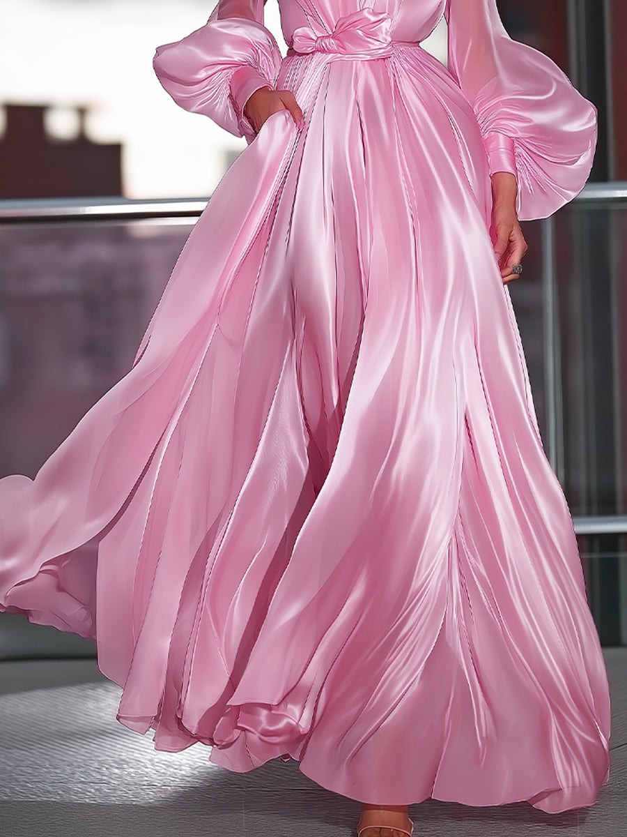 Pink High-Neck Satin Maxi Dress