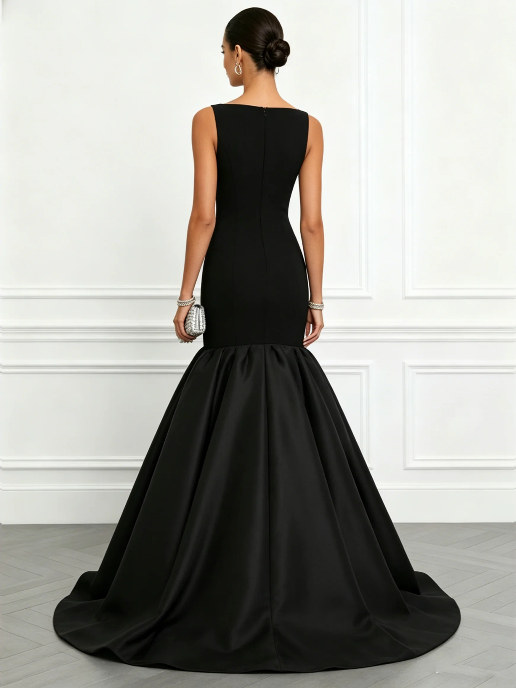 Black Split Joint Classic Boat Neck Sleeveless A-Line Gown Dress