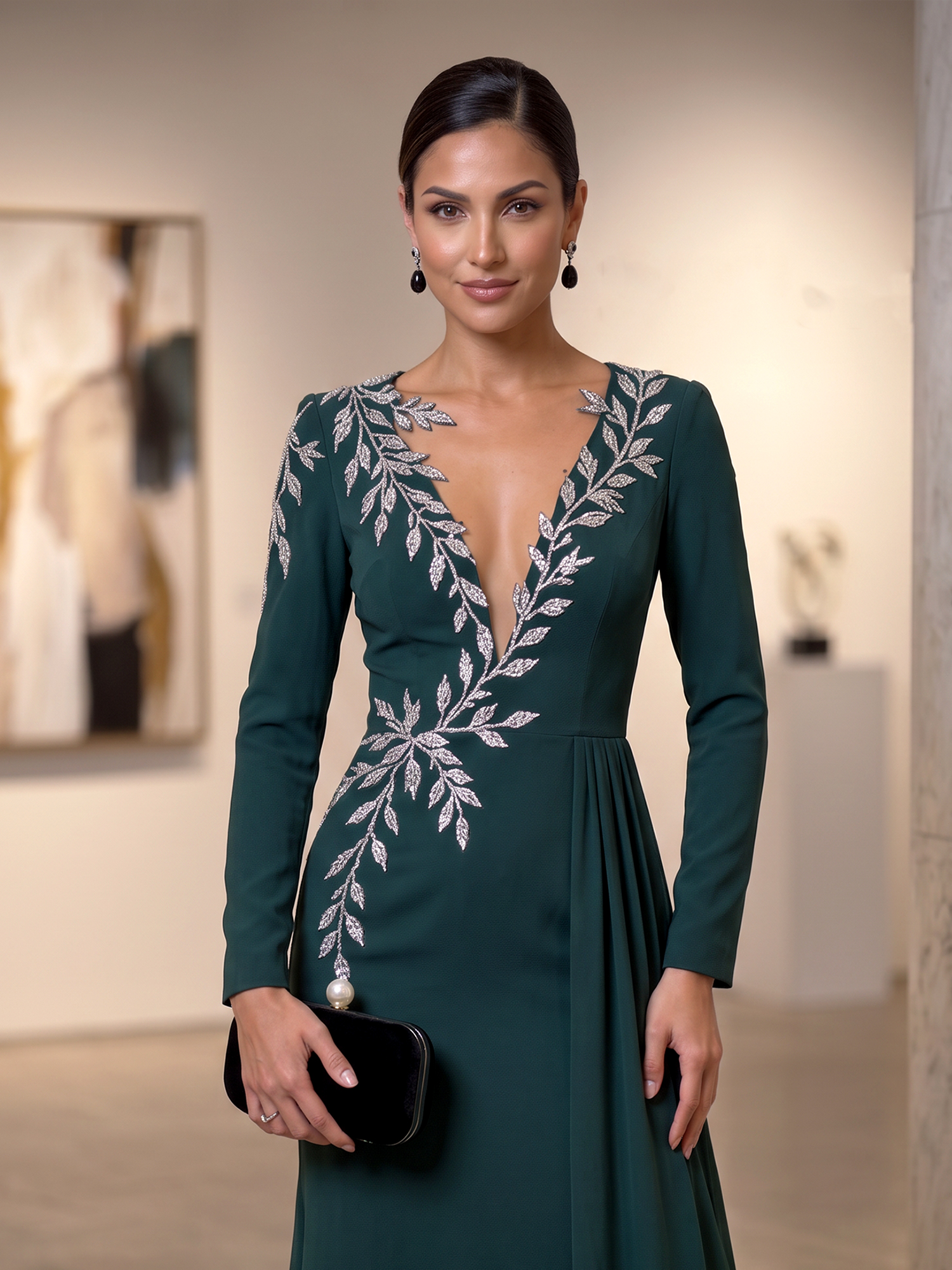 Emerald Green Deep V‑Neck Long Sleeve Silver Leaf Embroidery A‑Line Evening Gown