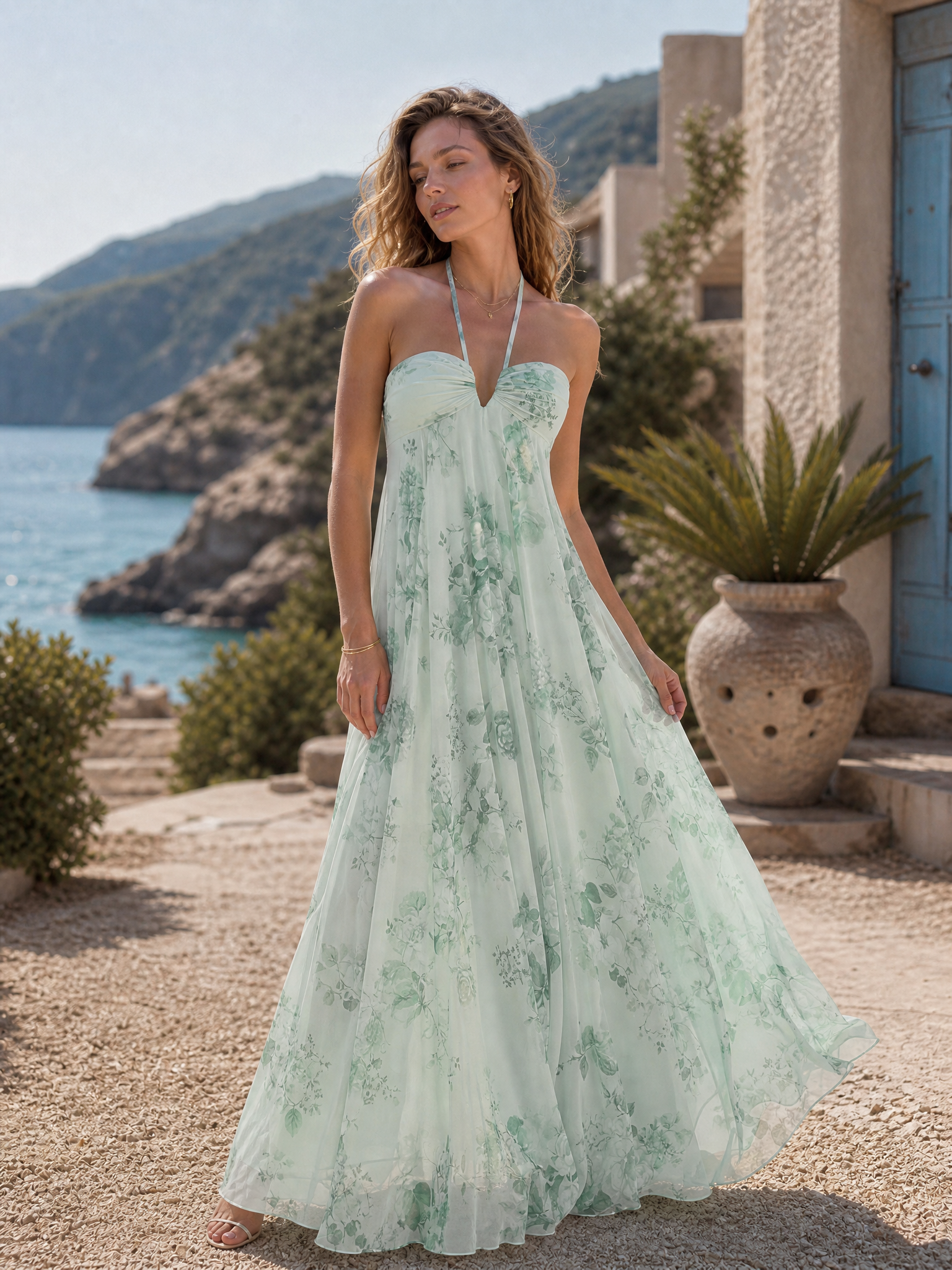 Halter Neck Sleeveless Floor-Length Floral Print Chiffon A-Line Dress