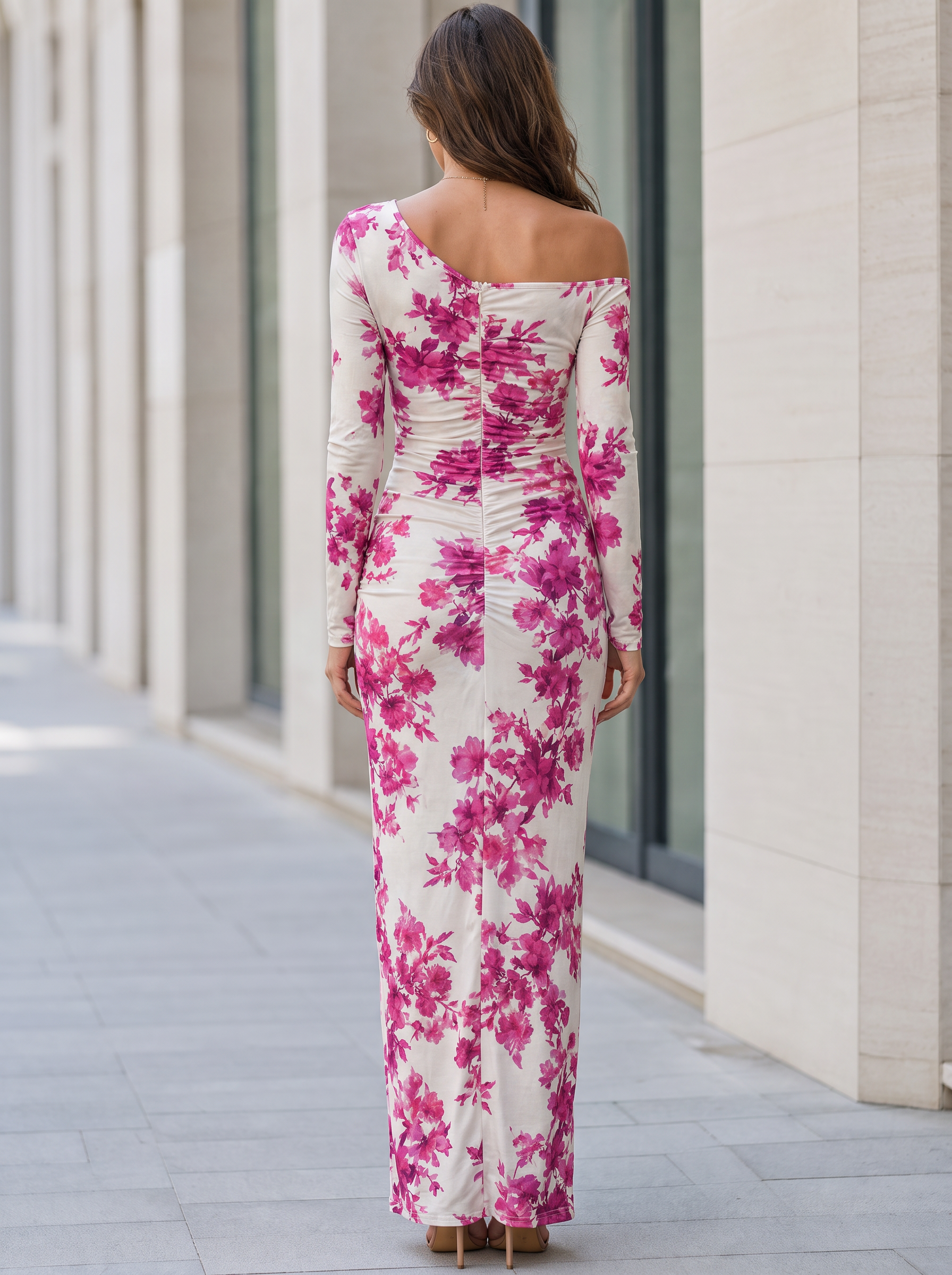 Asymmetric One-Shoulder Long Sleeve Ruched Floral Print Floor-Length Chiffon Gown