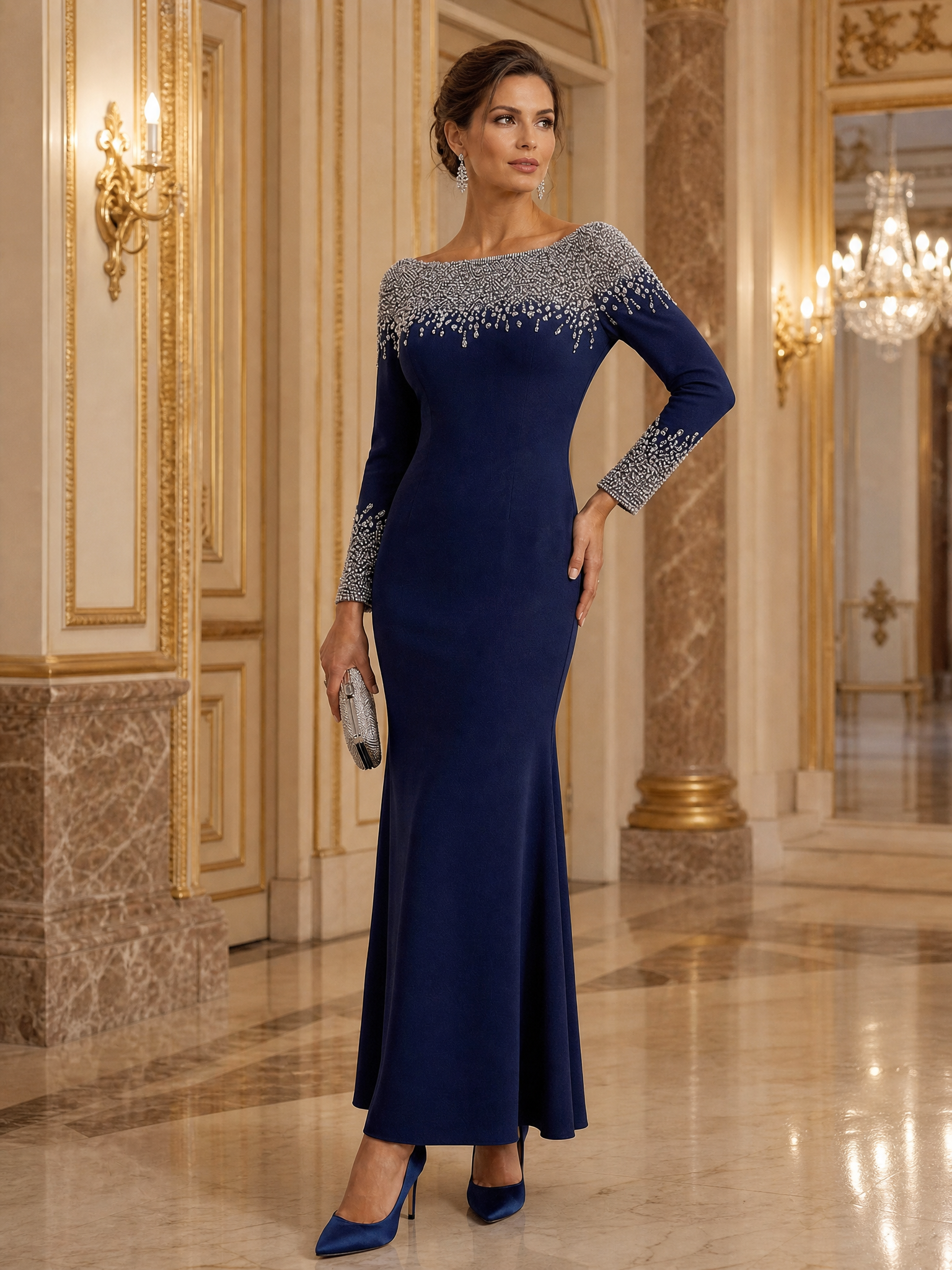 Elegant Dress Navy Boat Neck Rhinestone Maxi Dress Mother of the Bride Dress