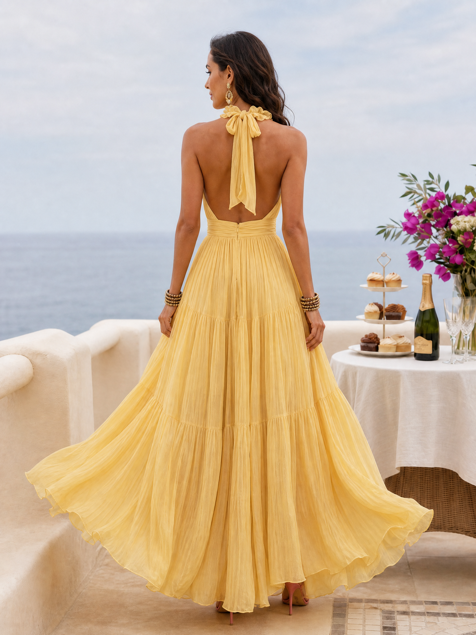 Chiffon V-neck Halter Neck Ruffled Trim Cinched Waist Maxi Dress