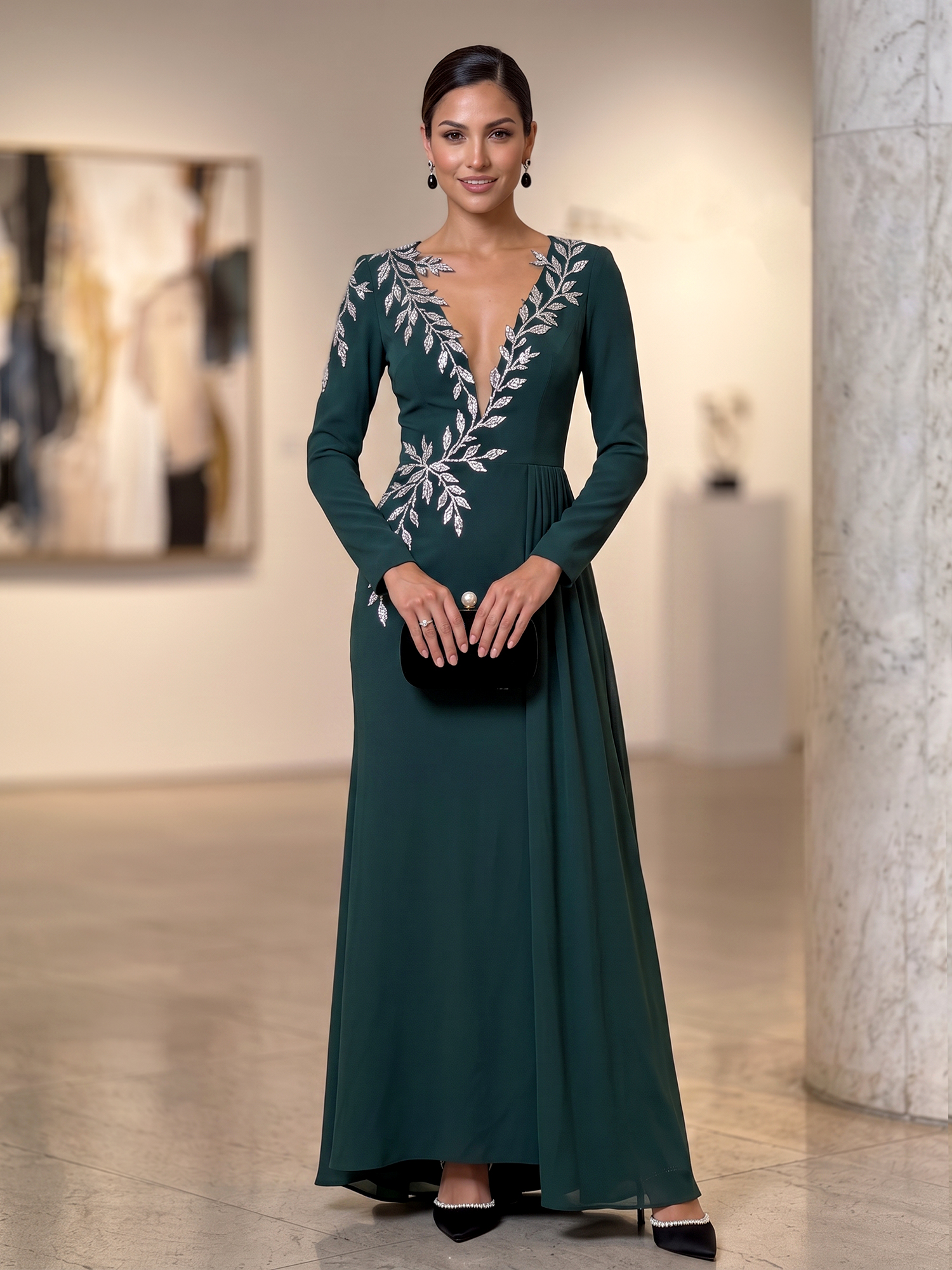 Emerald Green Deep V‑Neck Long Sleeve Silver Leaf Embroidery A‑Line Evening Gown