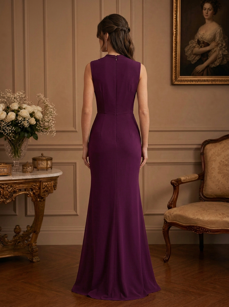 Waist-Gathered Draped Mock Neck Mermaid Maxi Dress