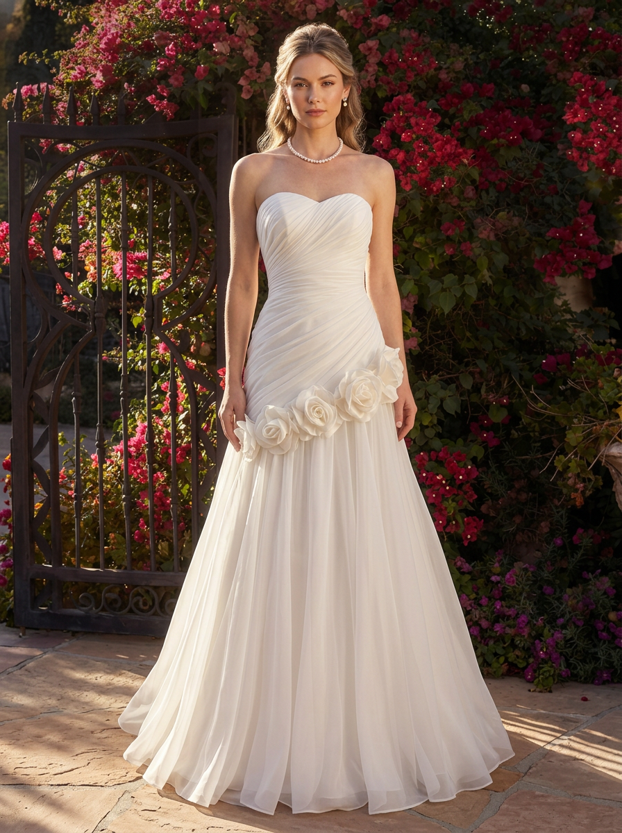 Chiffon Strapless Asymmetrical 3-Dimensional Rose Maxi Dress