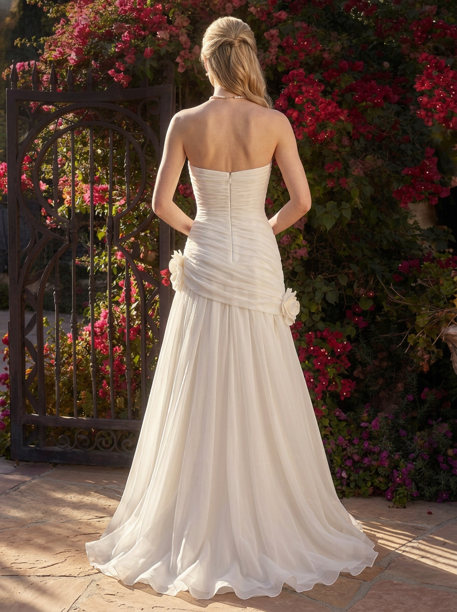 Chiffon Strapless Asymmetrical 3-Dimensional Rose Maxi Dress