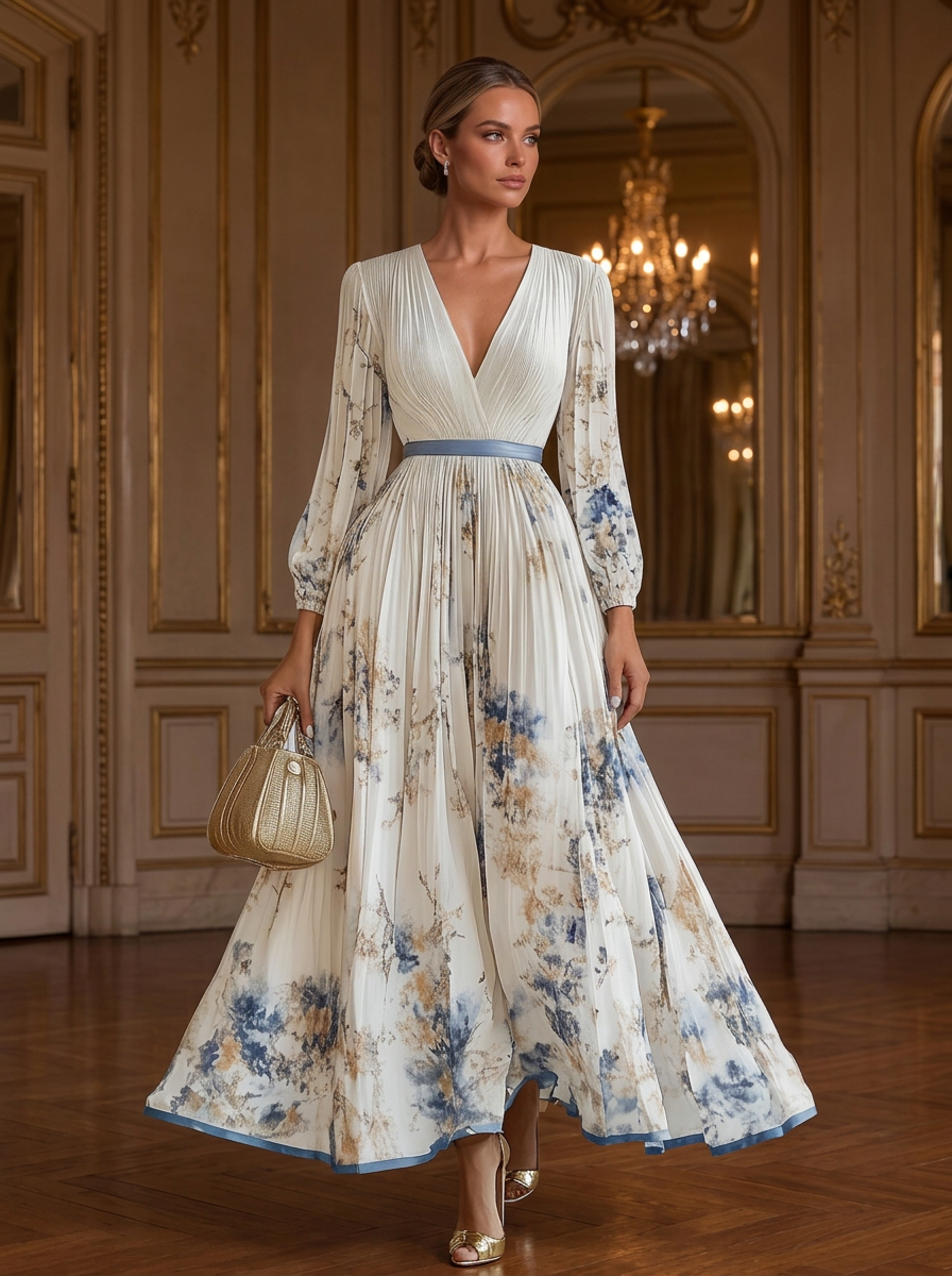 White Pleated Chiffon V Neck Floral Long Sleeve Balloon Sleeve A-Line Maxi Dress
