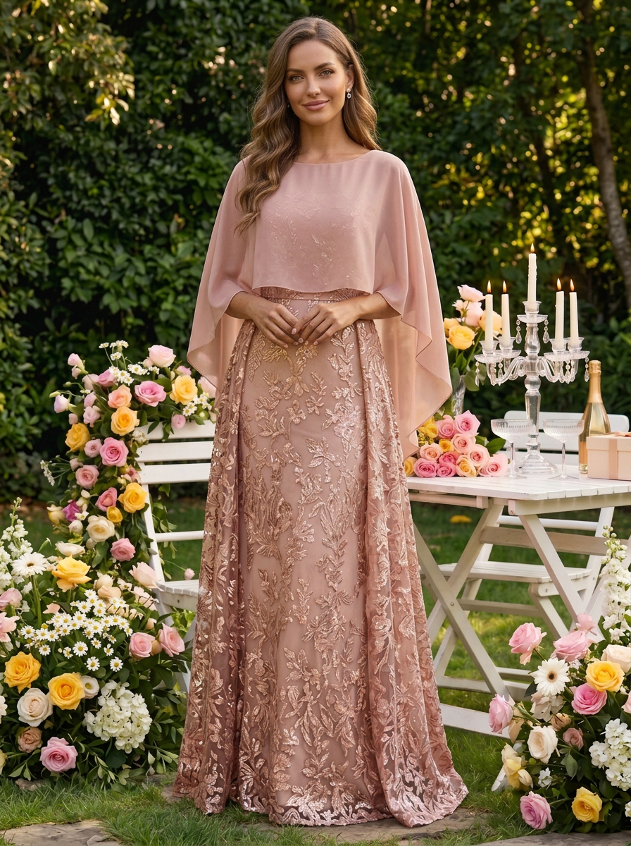 Pink Round Neck Cape Overlay Floral Sequin Lace Maxi Dress