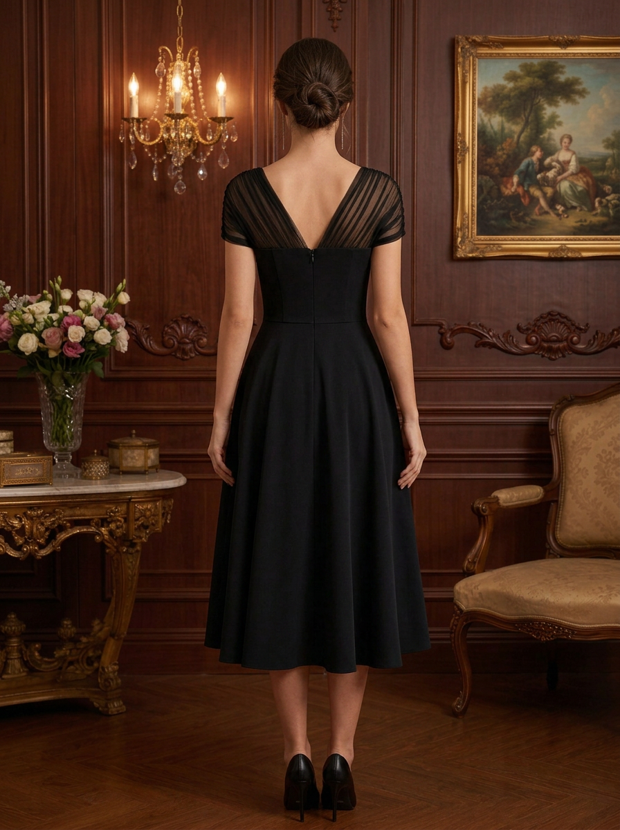 Black Sheer Tulle Cap Sleeve Pleated Fit-and-Flare Midi Dress