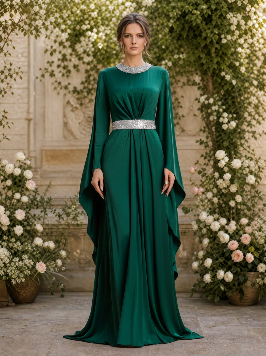 Evening Dress Green Crew Neck Belted Maxi Mother of the Bride Dress