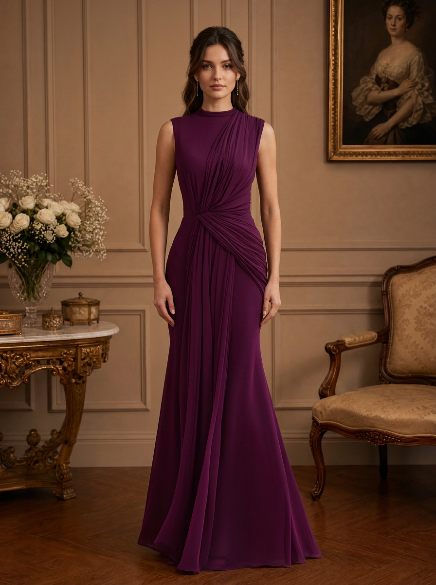 Waist-Gathered Draped Mock Neck Mermaid Maxi Dress