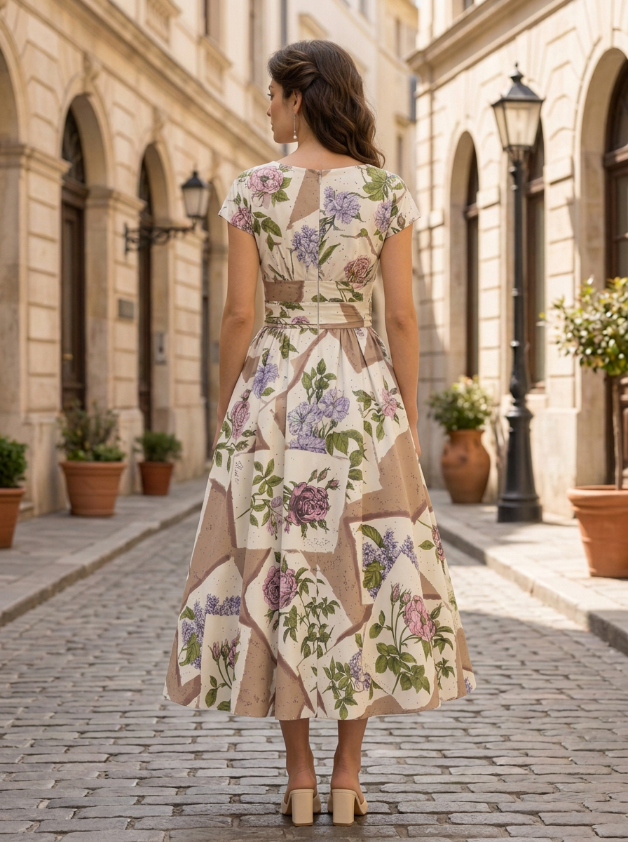 Cap‑Sleeve Surplice V‑Neck Patchwork Floral Print Midi Dress With Pockets