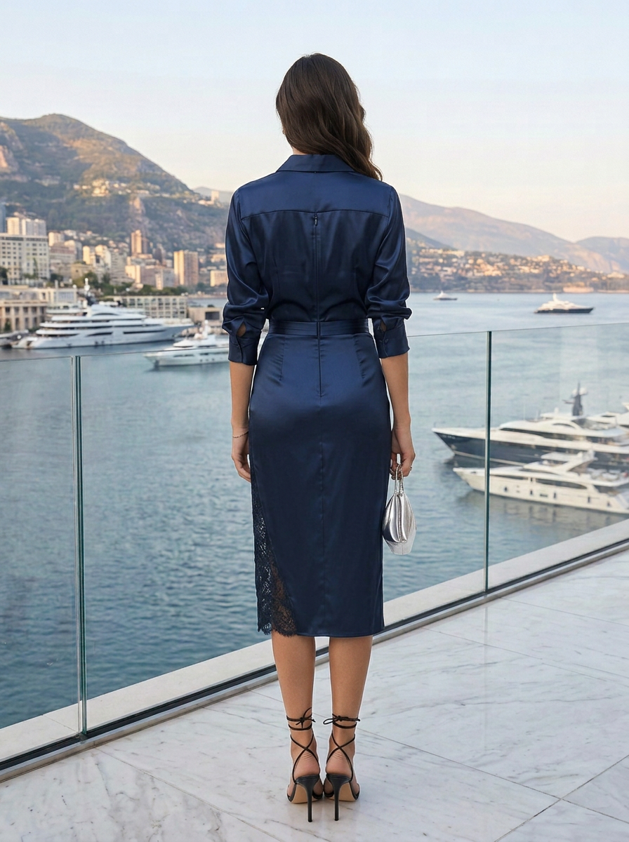 Satin Wrap Blouse & Lace-Trim Midi Skirt Set