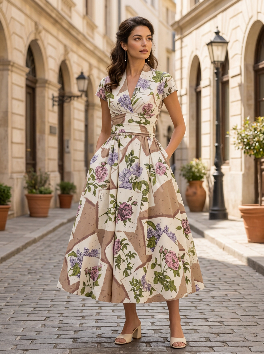 Cap‑Sleeve Surplice V‑Neck Patchwork Floral Print Midi Dress With Pockets