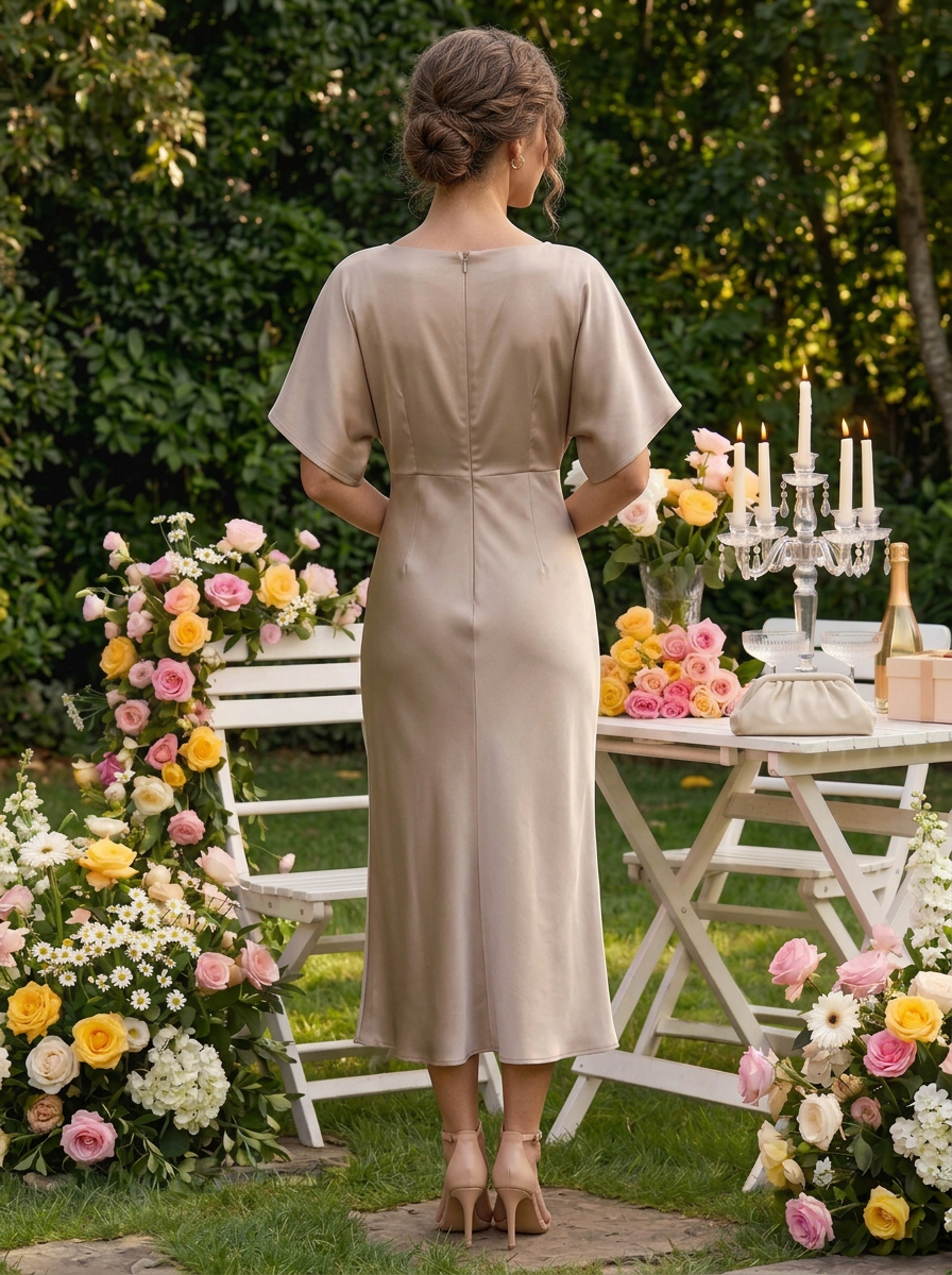 Elegant Satin Wrap Midi Dress With Draped Cape Sleeves