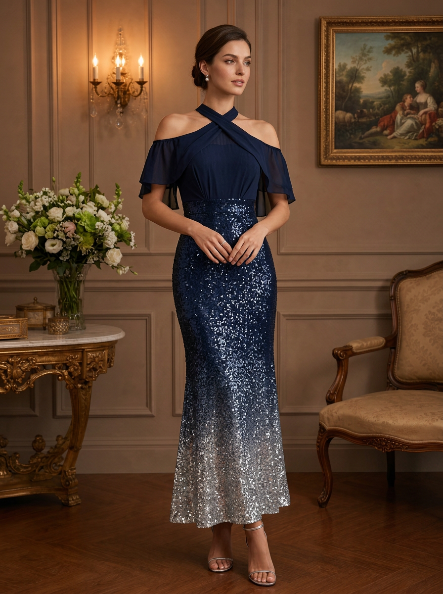 Navy Blue Sequin Cold Shoulder Short Sleeve Mermaid Maxi Dress