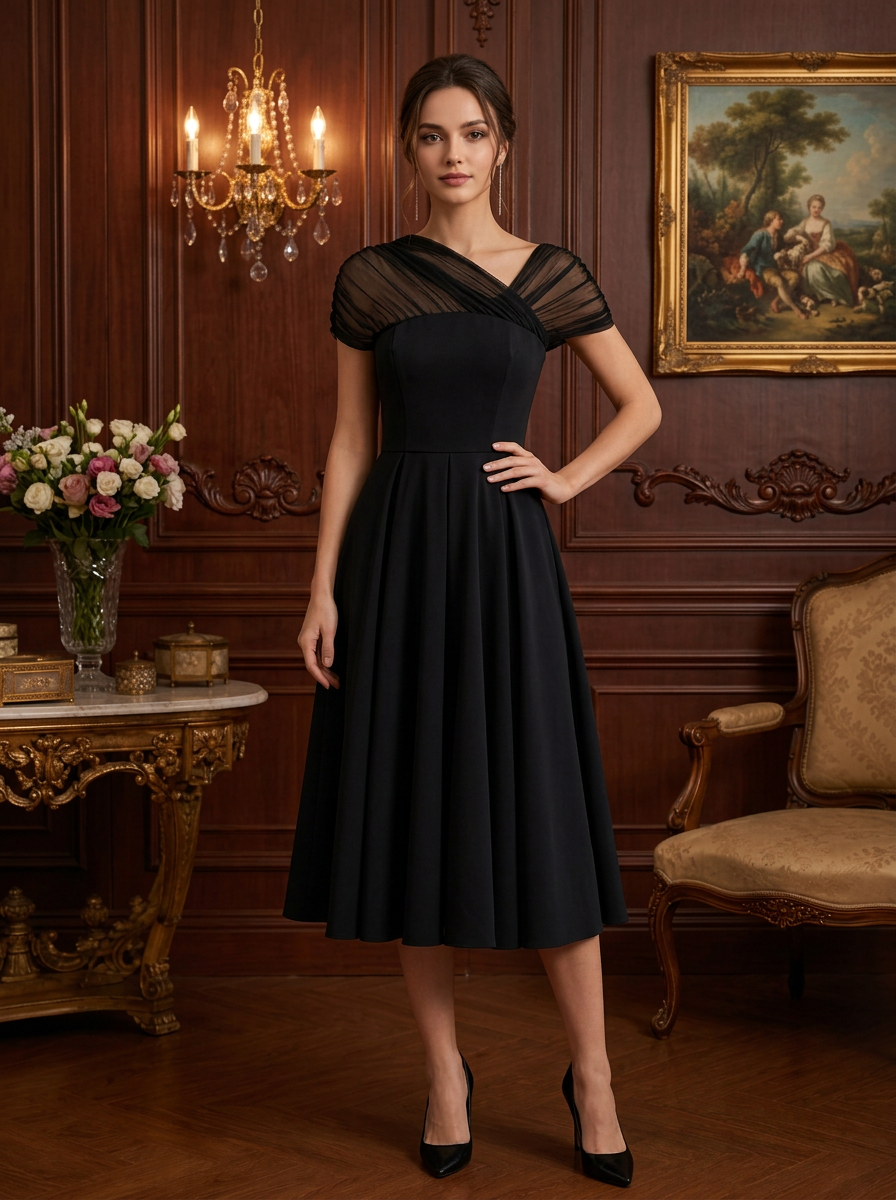 Black Sheer Tulle Cap Sleeve Pleated Fit-and-Flare Midi Dress
