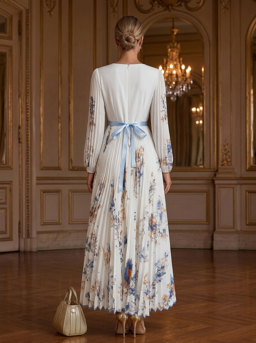 White Pleated Chiffon V Neck Floral Long Sleeve Balloon Sleeve A-Line Maxi Dress