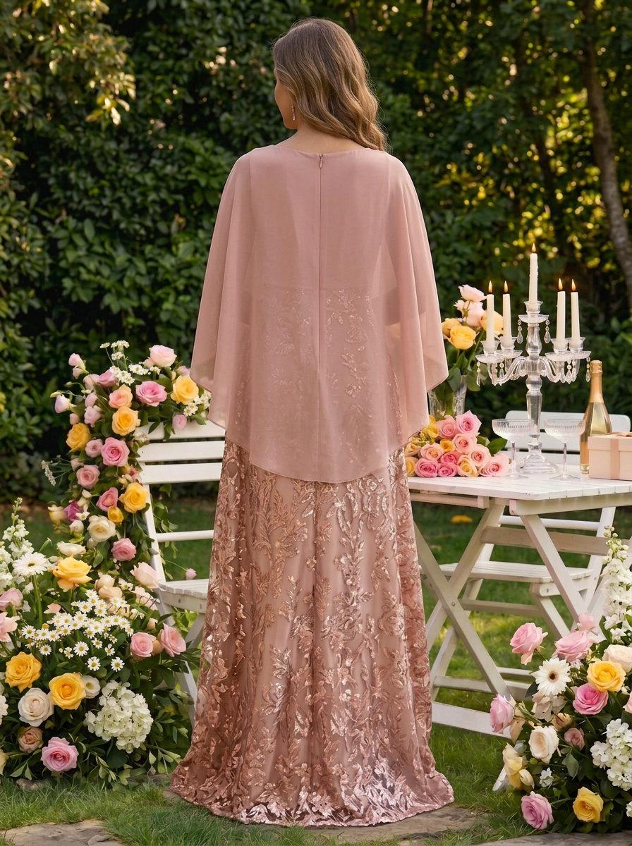 Pink Round Neck Cape Overlay Floral Sequin Lace Maxi Dress