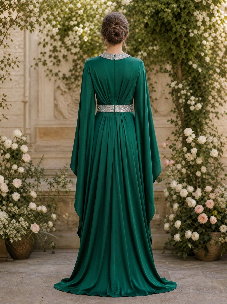 Evening Dress Green Crew Neck Belted Maxi Mother of the Bride Dress