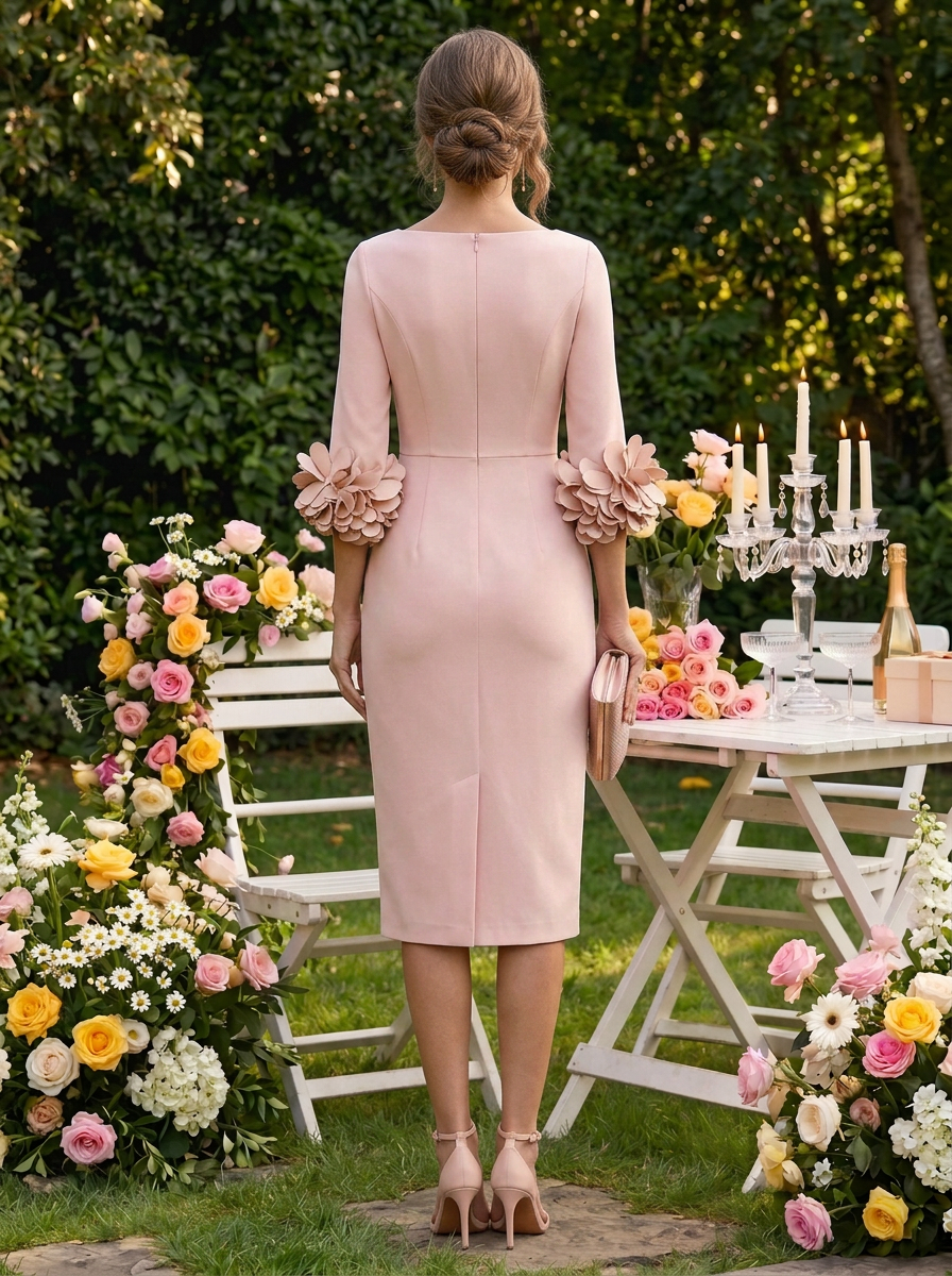 Light Pink 3D Floral Classic Crew Neck Half Sleeve Sheath Midi Dress
