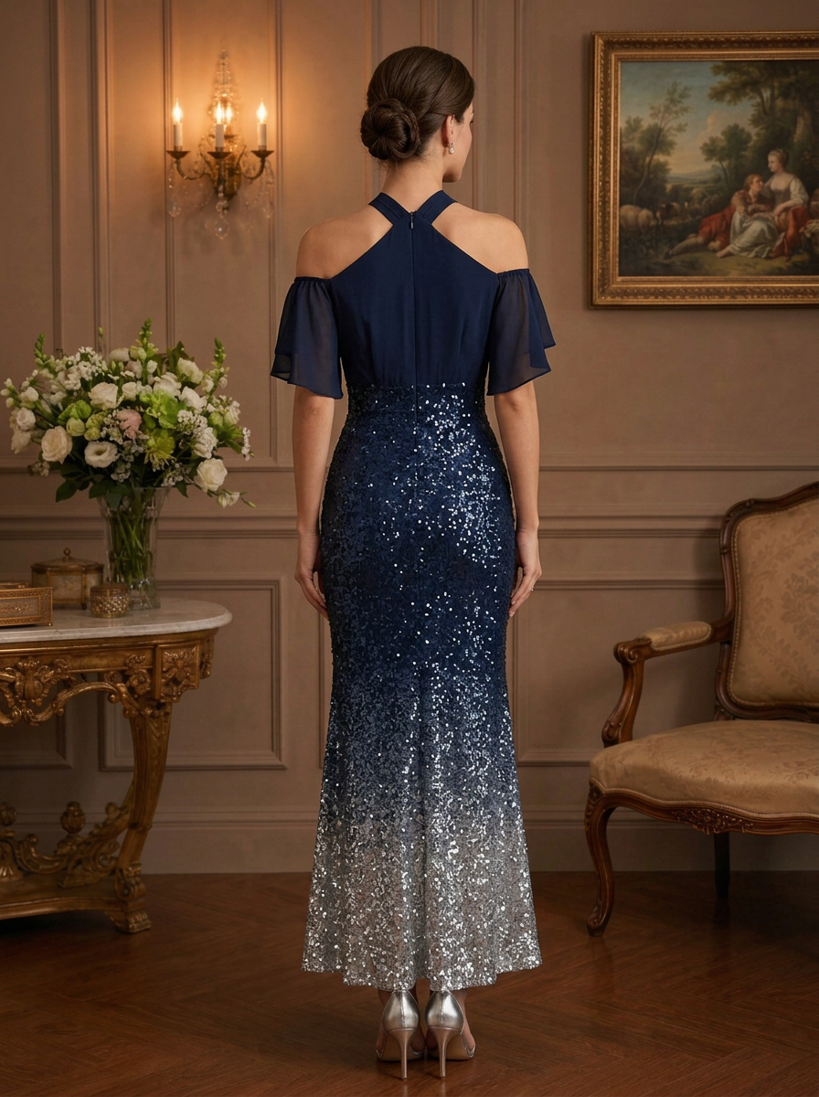 Navy Blue Sequin Cold Shoulder Short Sleeve Mermaid Maxi Dress