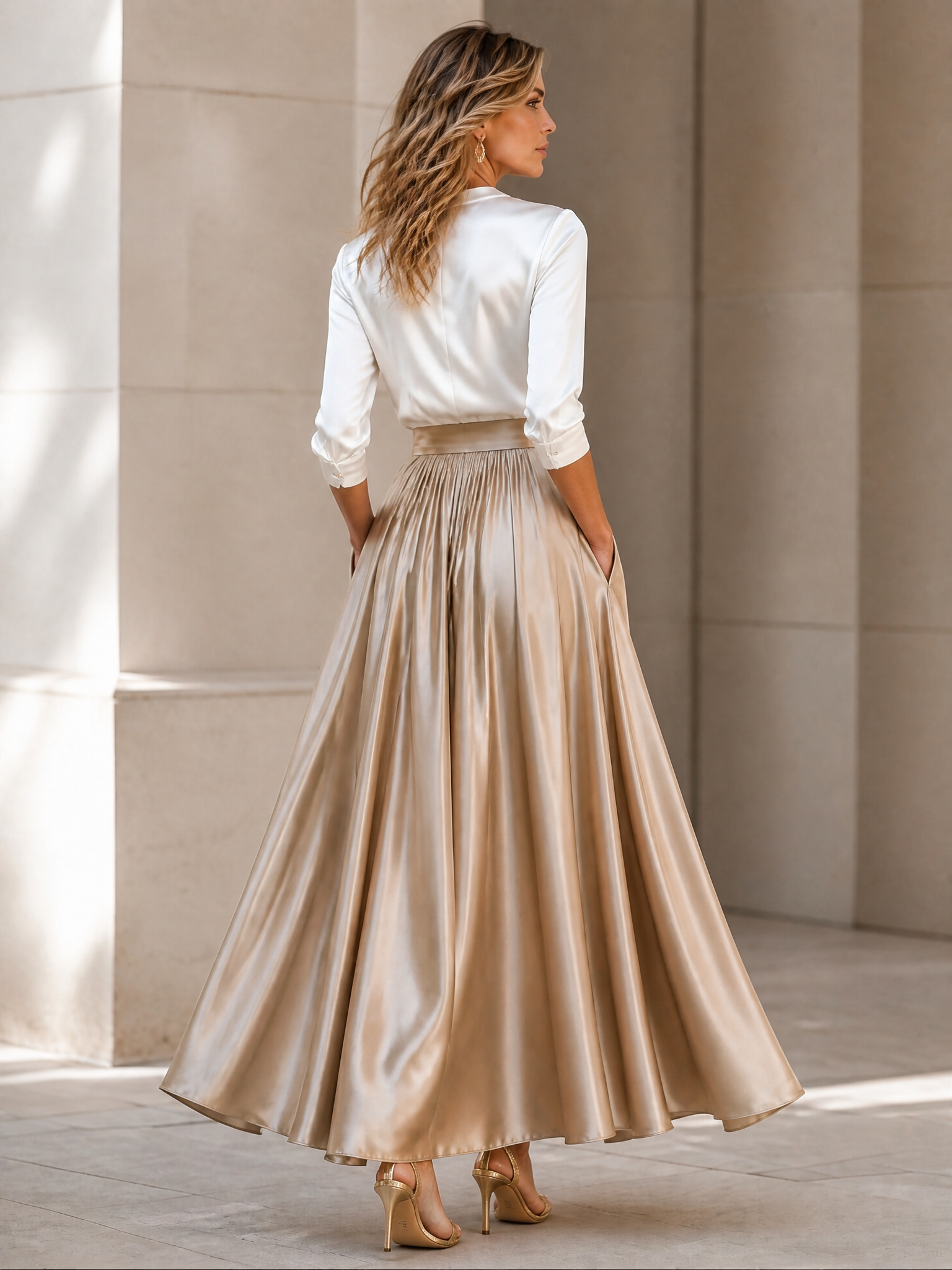White Champagne Satin Maxi Gown 3 4 Sleeve V Neck Pockets Mother of the Bride Dress