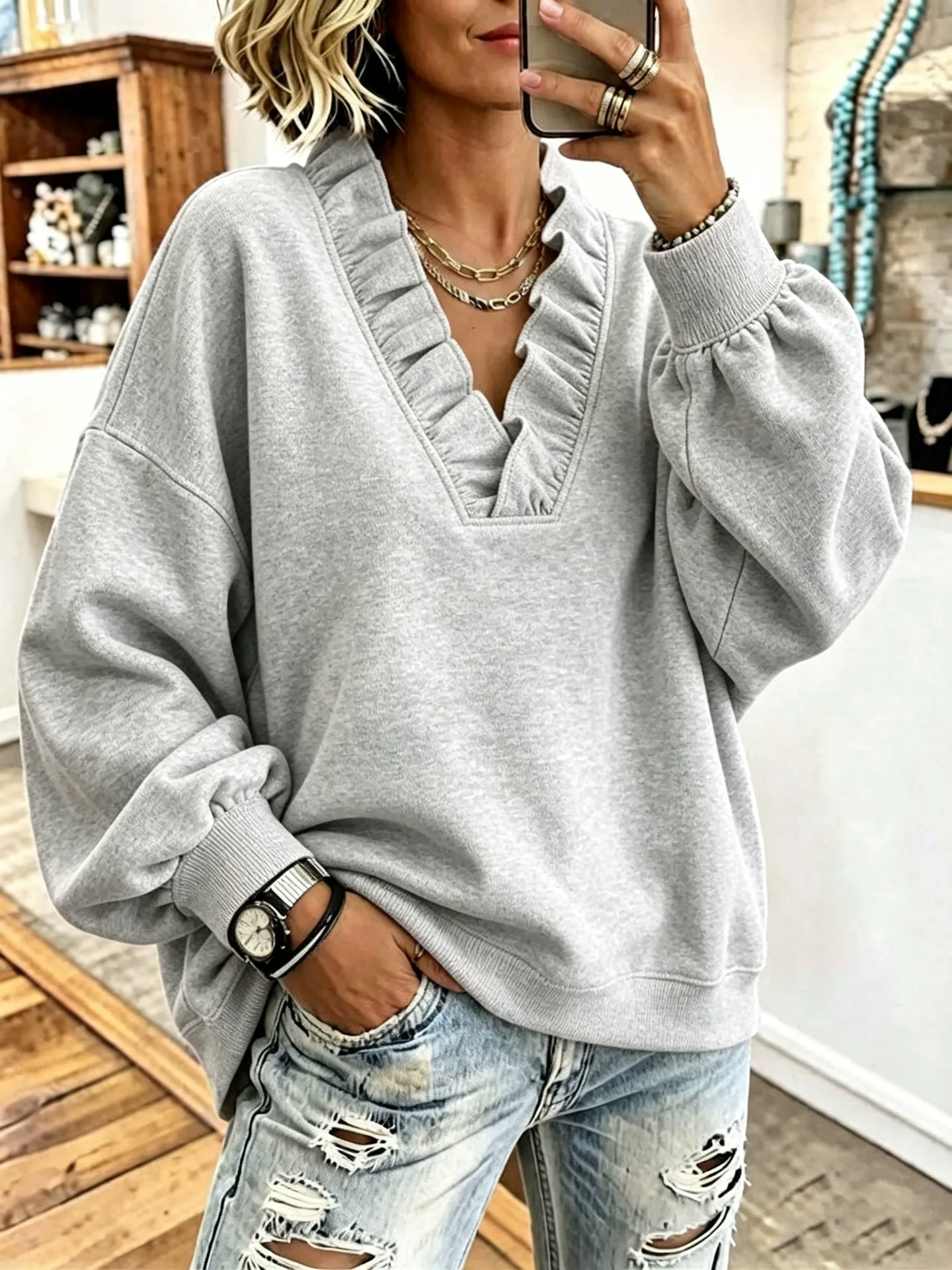 Cozy Oversized Vibrant Pink Ruffled Sweatshirt