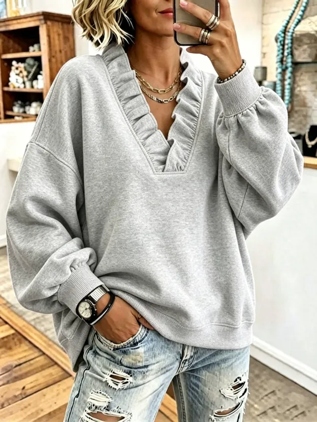 Cozy Oversized Vibrant Pink Ruffled Sweatshirt