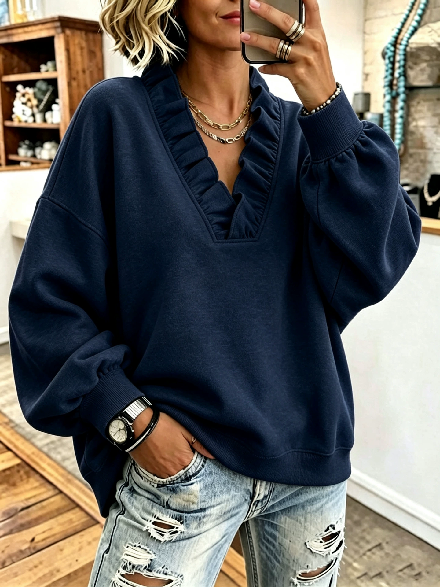 Cozy Oversized Vibrant Pink Ruffled Sweatshirt