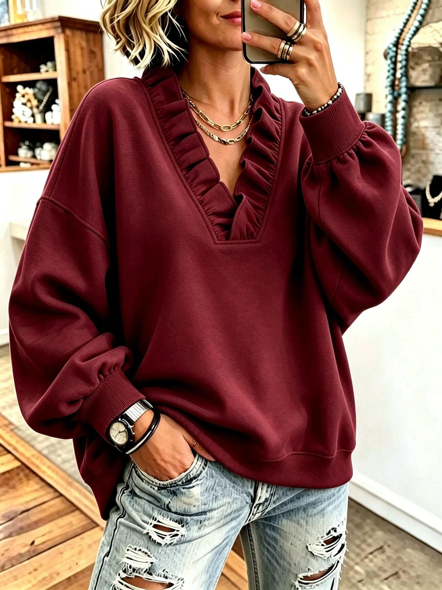 Cozy Oversized Vibrant Pink Ruffled Sweatshirt
