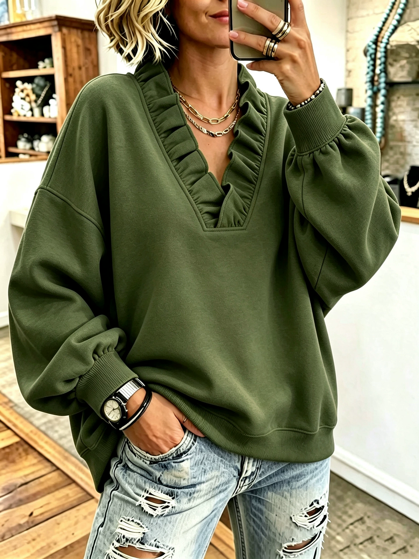 Cozy Oversized Vibrant Pink Ruffled Sweatshirt