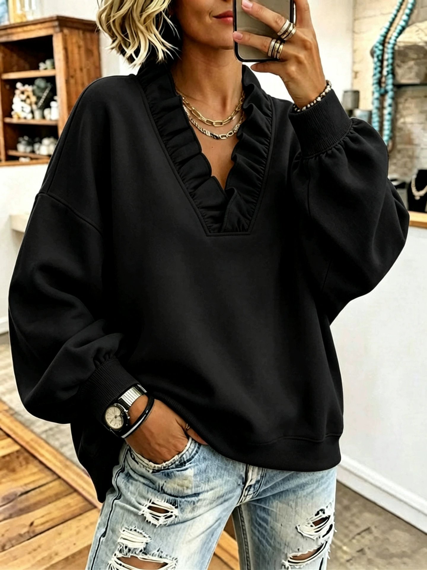 Cozy Oversized Vibrant Pink Ruffled Sweatshirt