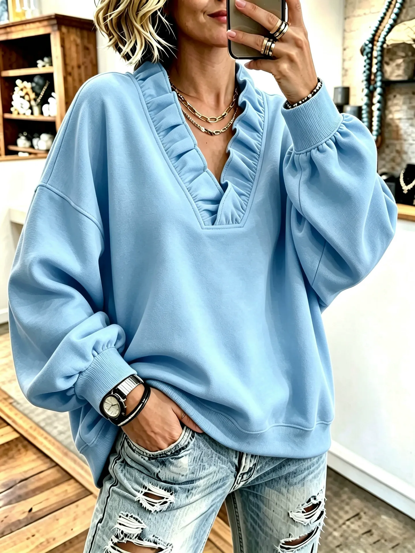 Cozy Oversized Vibrant Pink Ruffled Sweatshirt