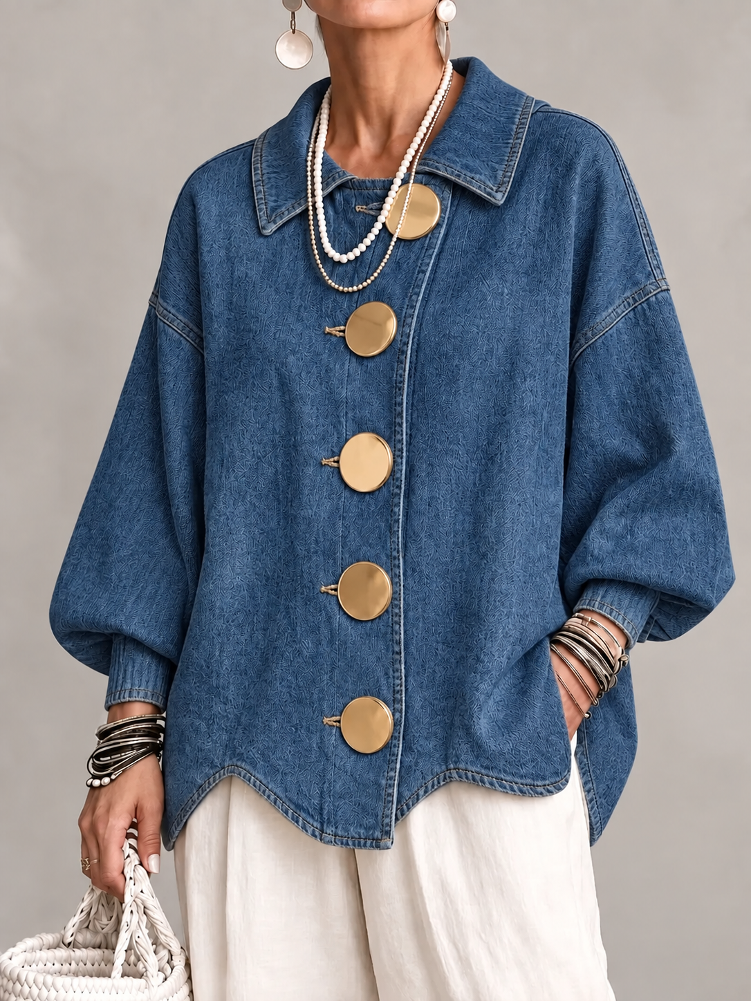Women's washed denim-look shirt jacket in Blue, front view