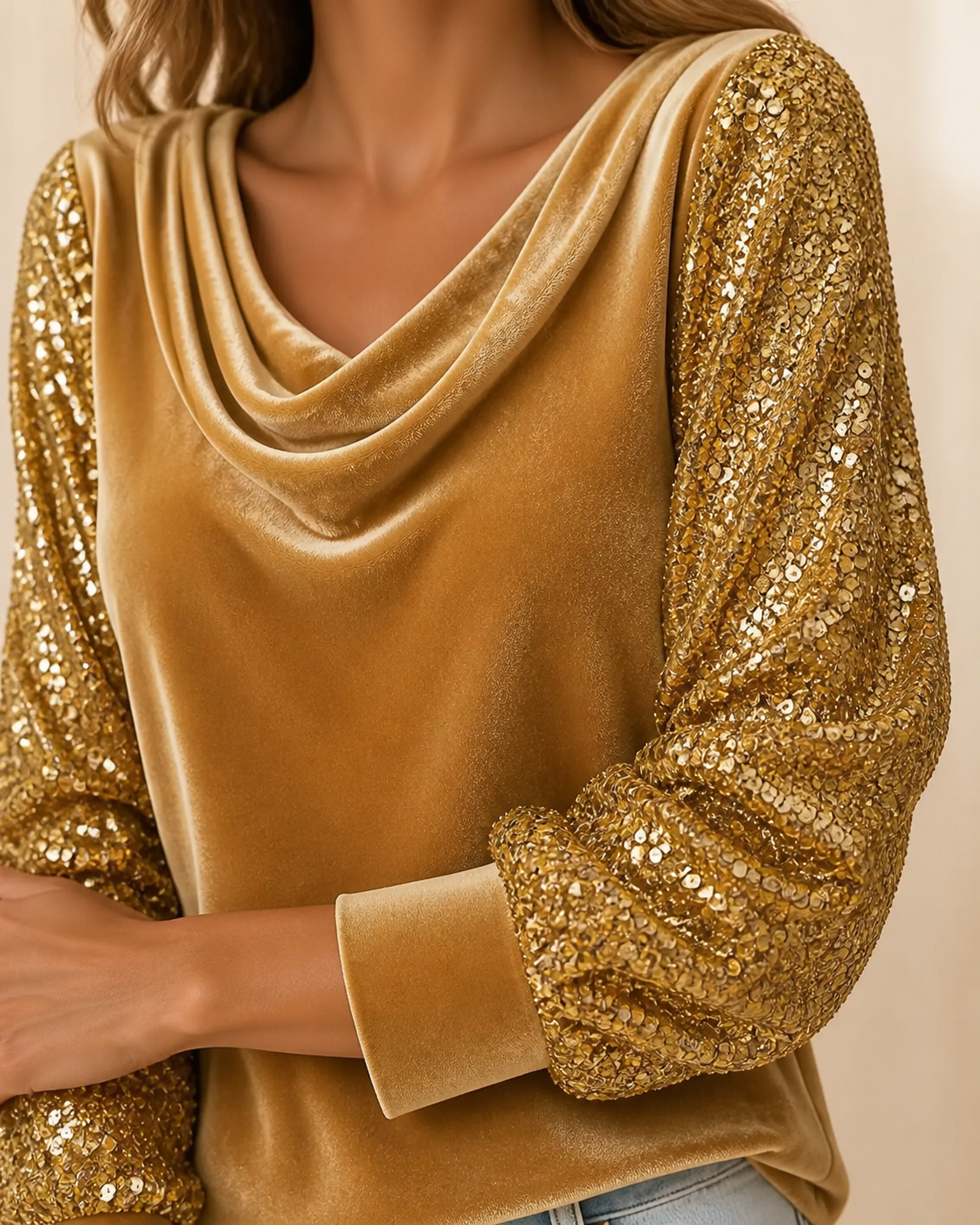 Close-up of gold velvet cowl neck sequin sleeve and wide cuff