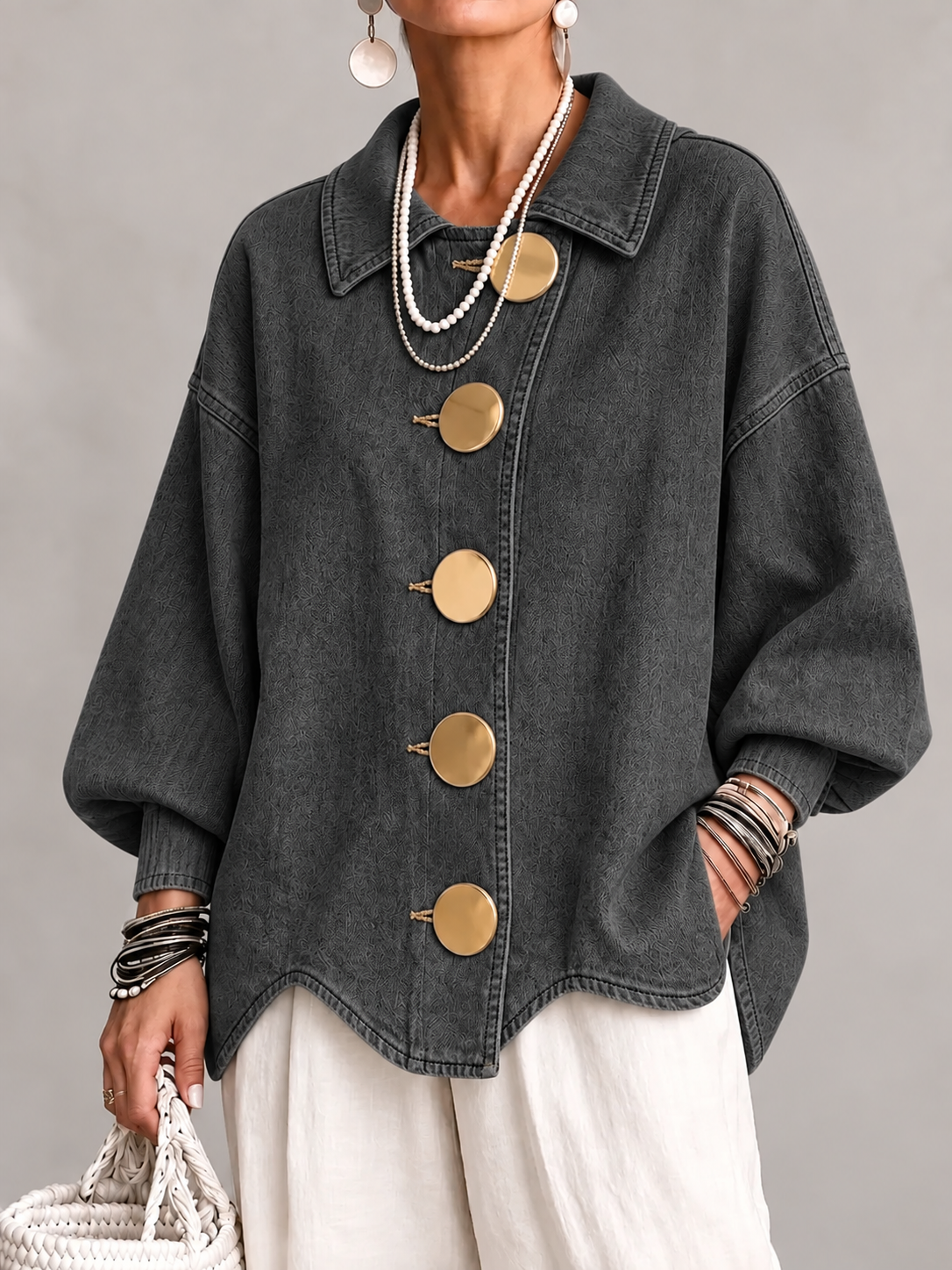 Women's washed denim-look shirt jacket in Black, front view