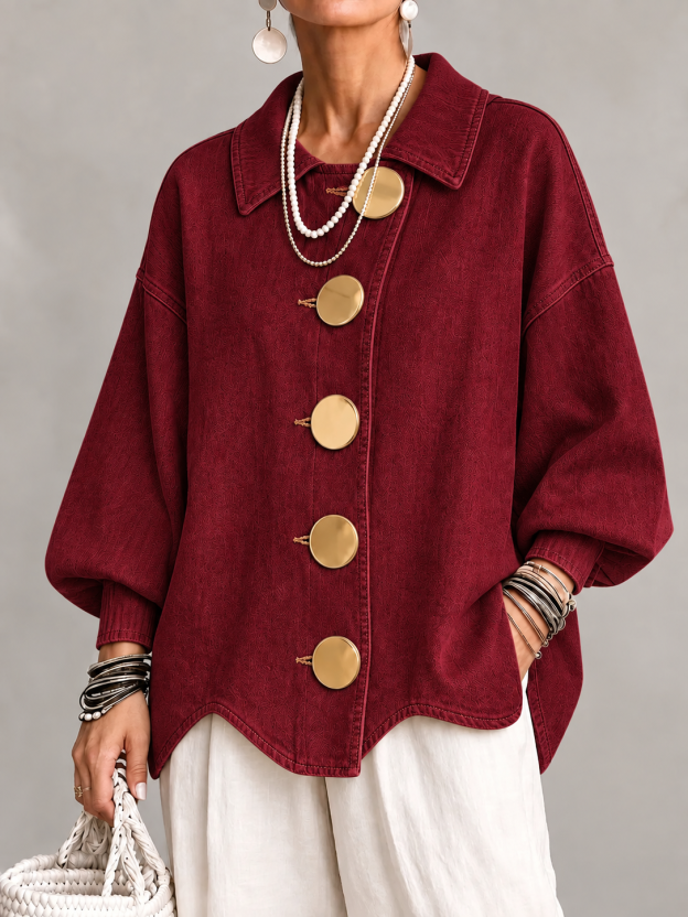 Women's washed denim-look shirt jacket in Wine Red, front view