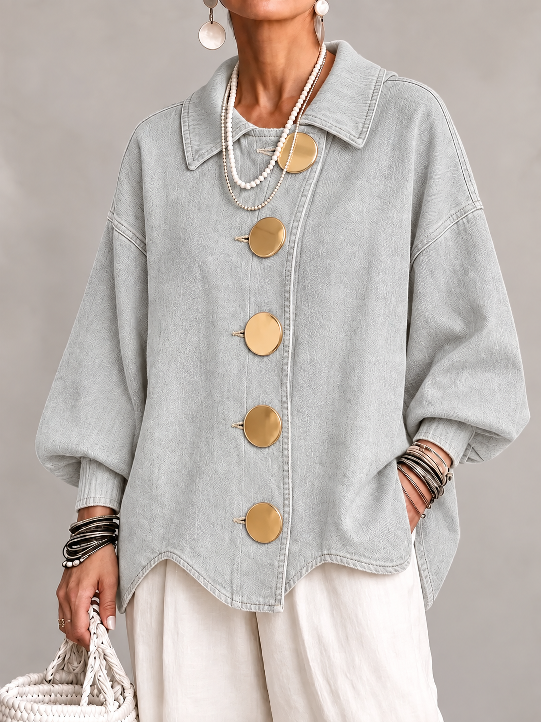 Women's washed denim-look shirt jacket in Light Grey, front view