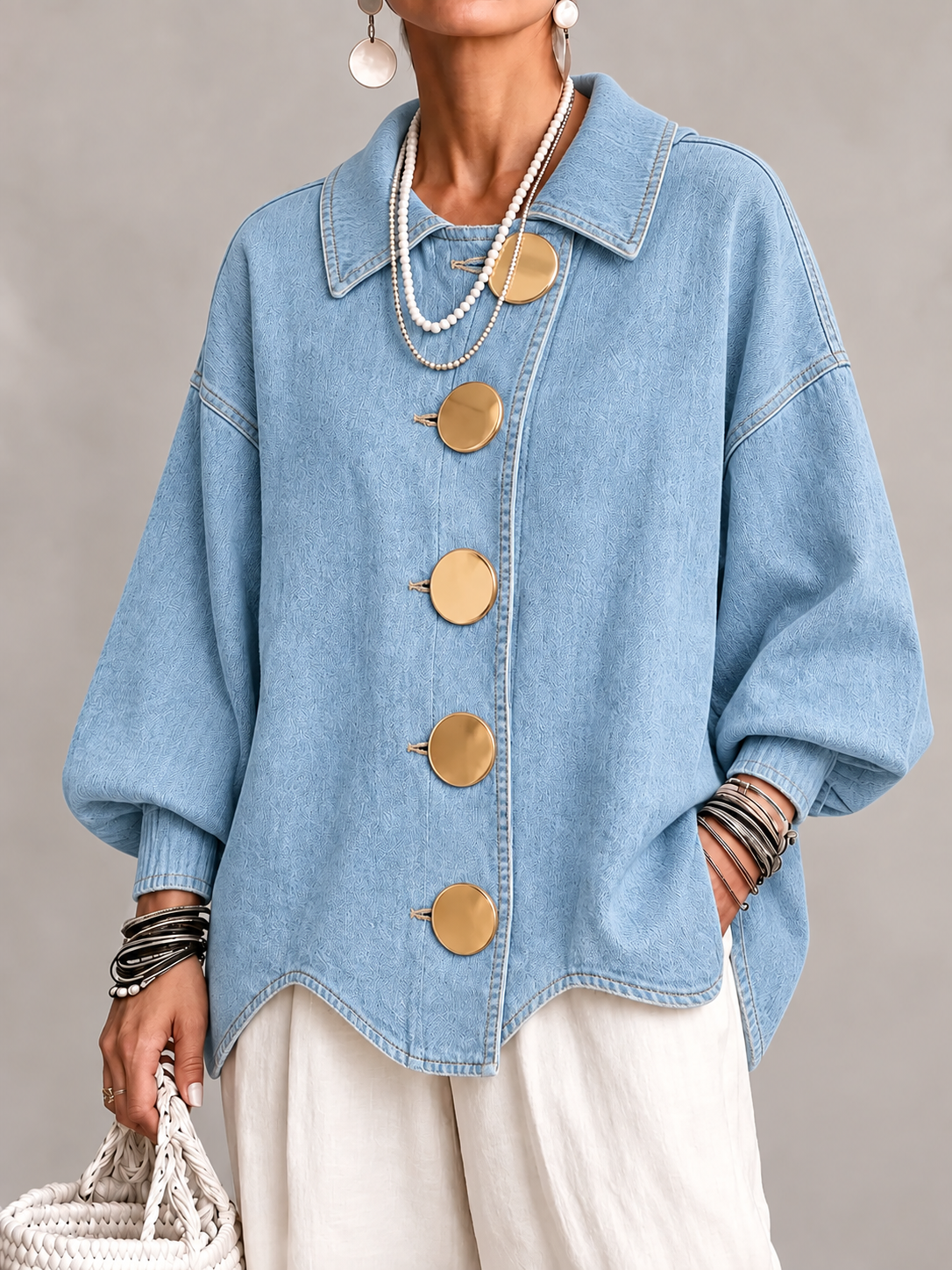 Women's washed denim-look shirt jacket in Light Blue, front view