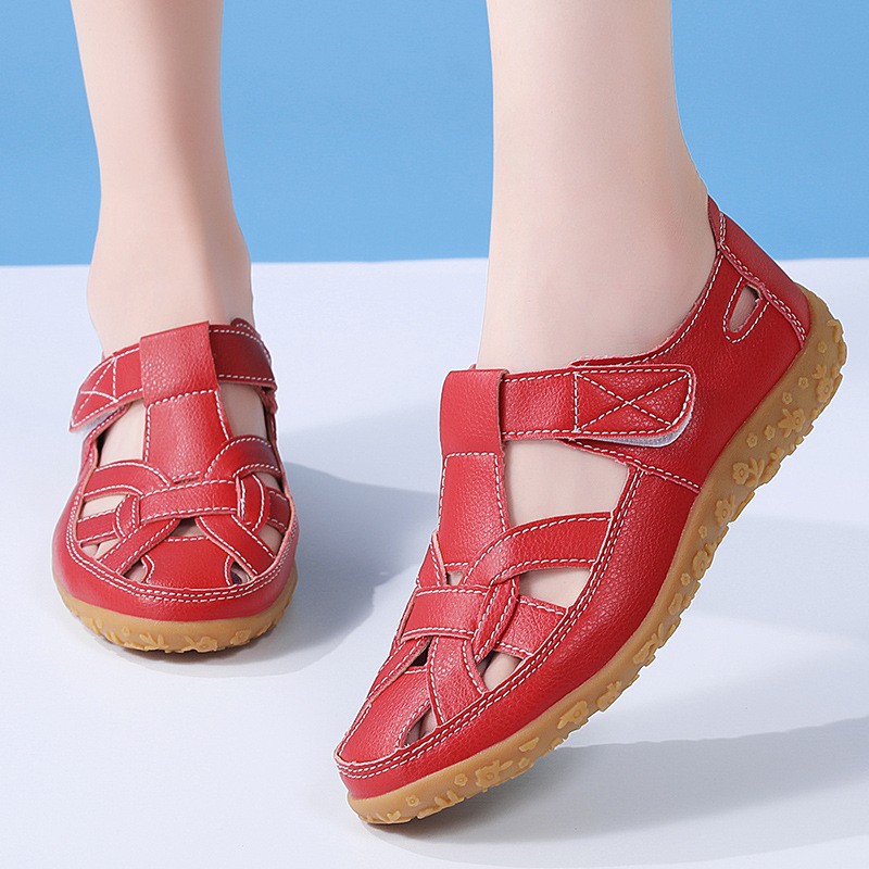 Women's Summer Sandals - Solid Color, Breathable Cut-Out Design, Flat Heel
