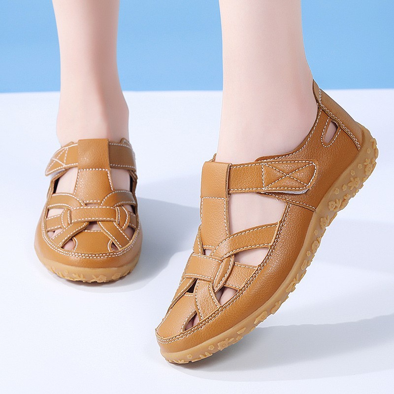 Women's Summer Sandals - Solid Color, Breathable Cut-Out Design, Flat Heel