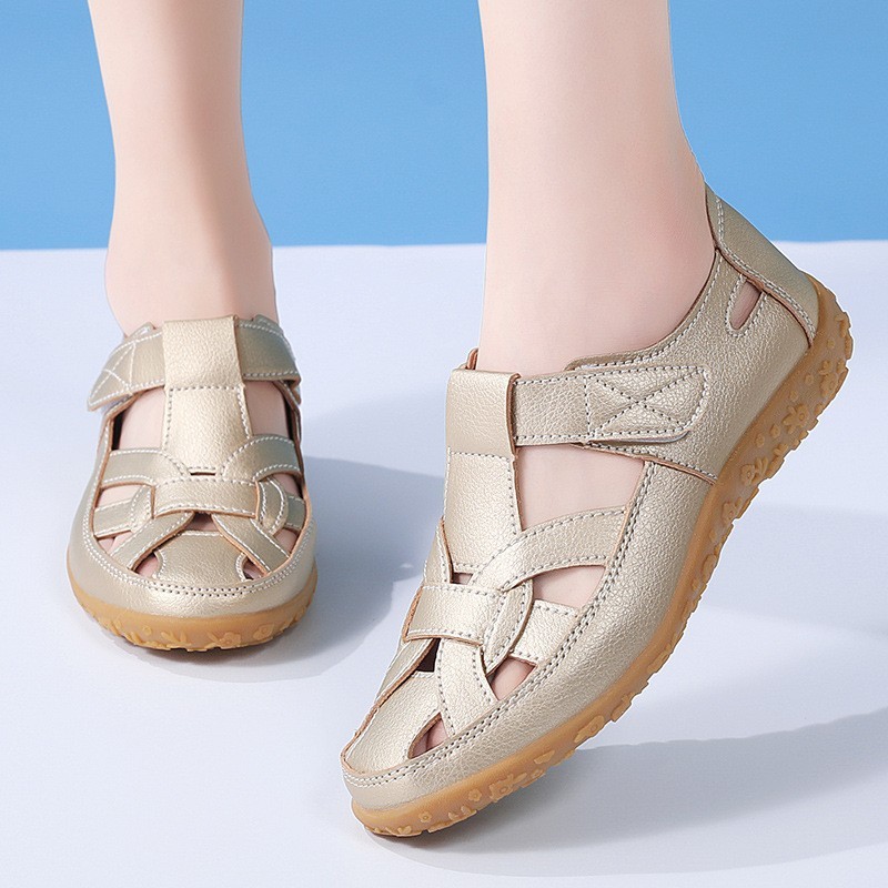 Women's Summer Sandals - Solid Color, Breathable Cut-Out Design, Flat Heel